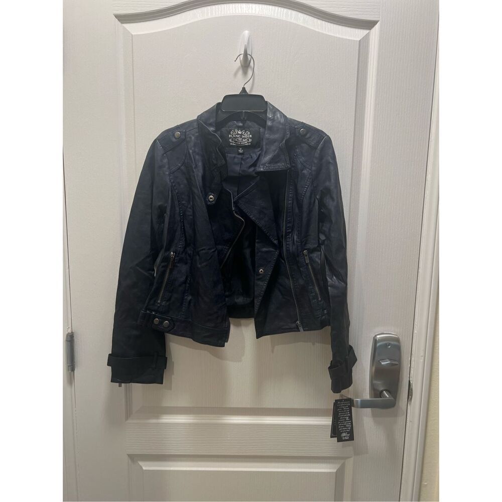 Blanc Noir Navy Blue Women's Vegan Leather Moto Jacket size S NWT biker jacket